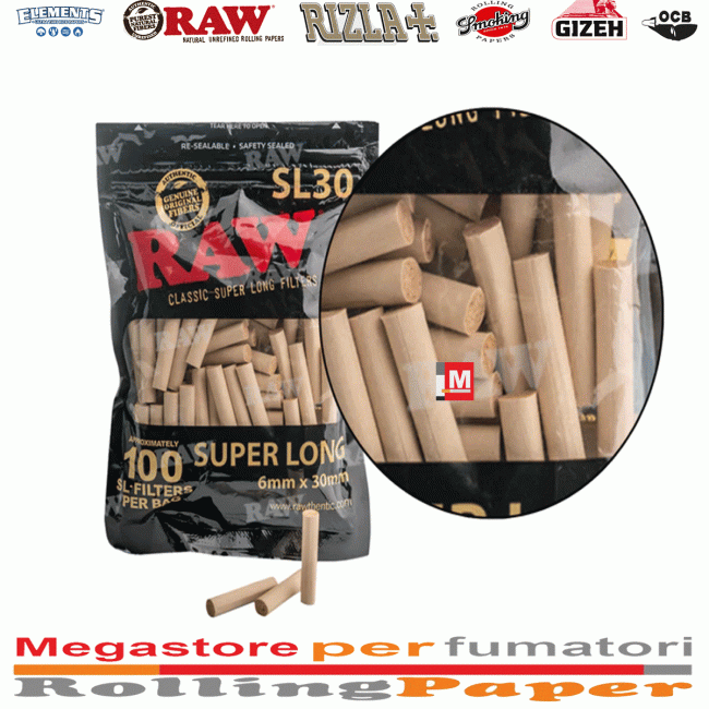 Filtri Raw Black Super Lunghe XL 30x 6mm Slim SL30 10x Buste 100 Filtrini